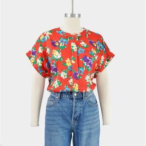 Vintage 80s Red Floral Blouse Silky Button Up Short Sleeve Maximalist Retro Top